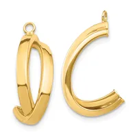 Two polished gold hoop earrings with posts and loops, one oval-shaped and one curved, displayed against a white background.