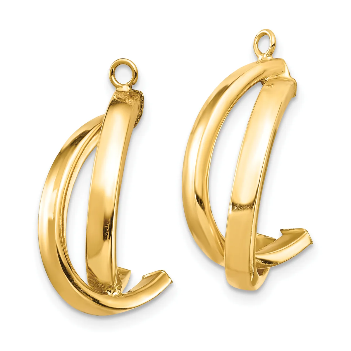 A pair of polished gold hoop earrings with a chunky curved design and small loops at the top for attachment.