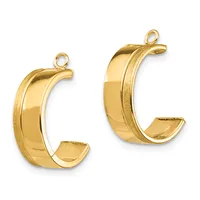 A pair of polished gold curved hoop earrings with textured sides and small loop attachments at the top, shown from the front.