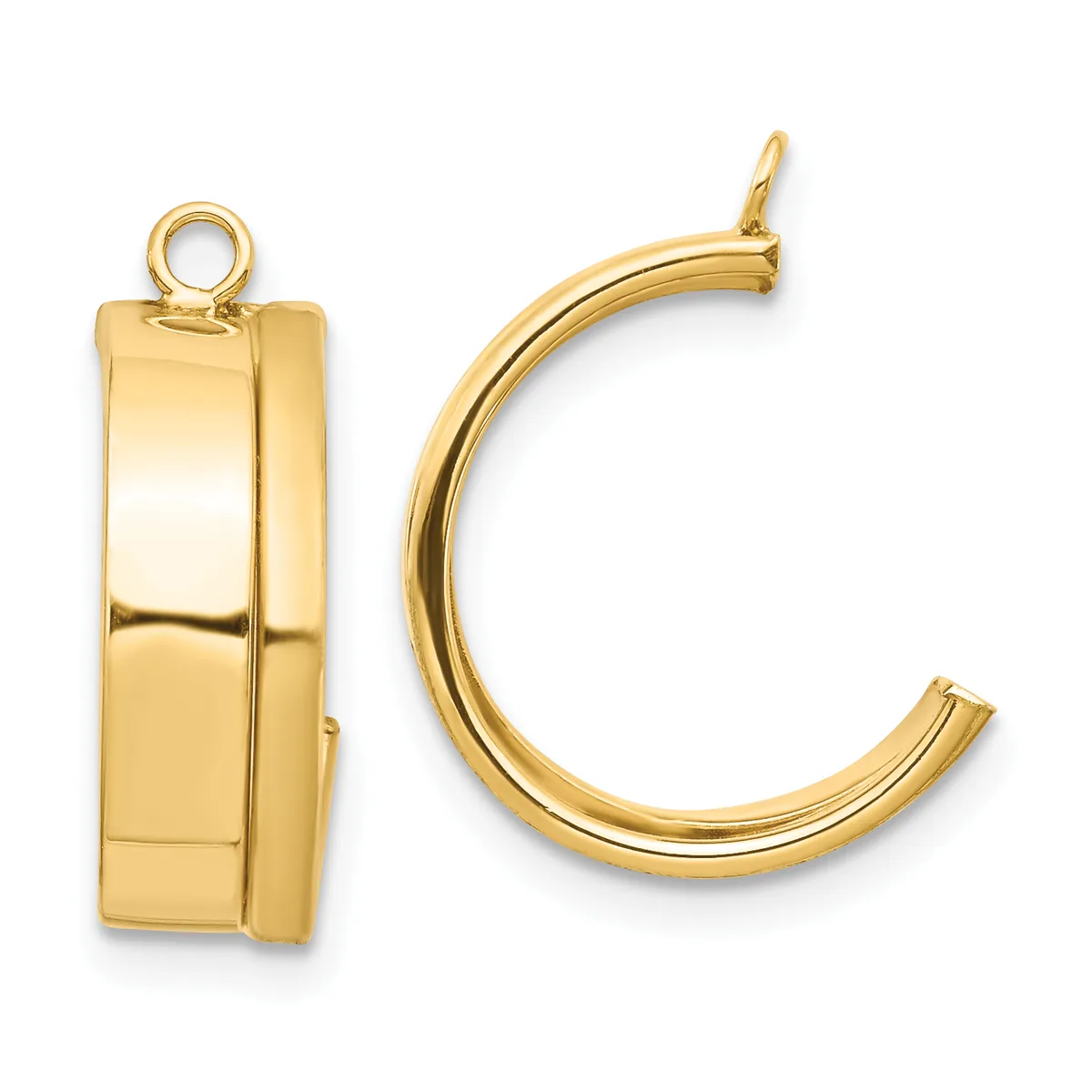 Two gold hoop earrings displayed side by side, one showing the front view with a polished finish and the other showing the side profile with a hinged clasp and small loop attachment.