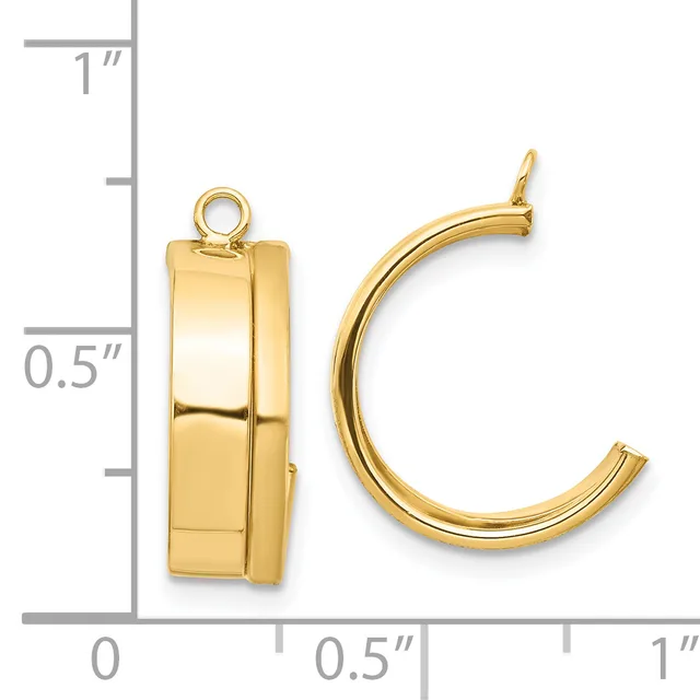 Two gold-toned hoop earrings displayed against a ruler showing measurements up to one inch, one hoop shown from the side and one shown flat to display the polished finish.