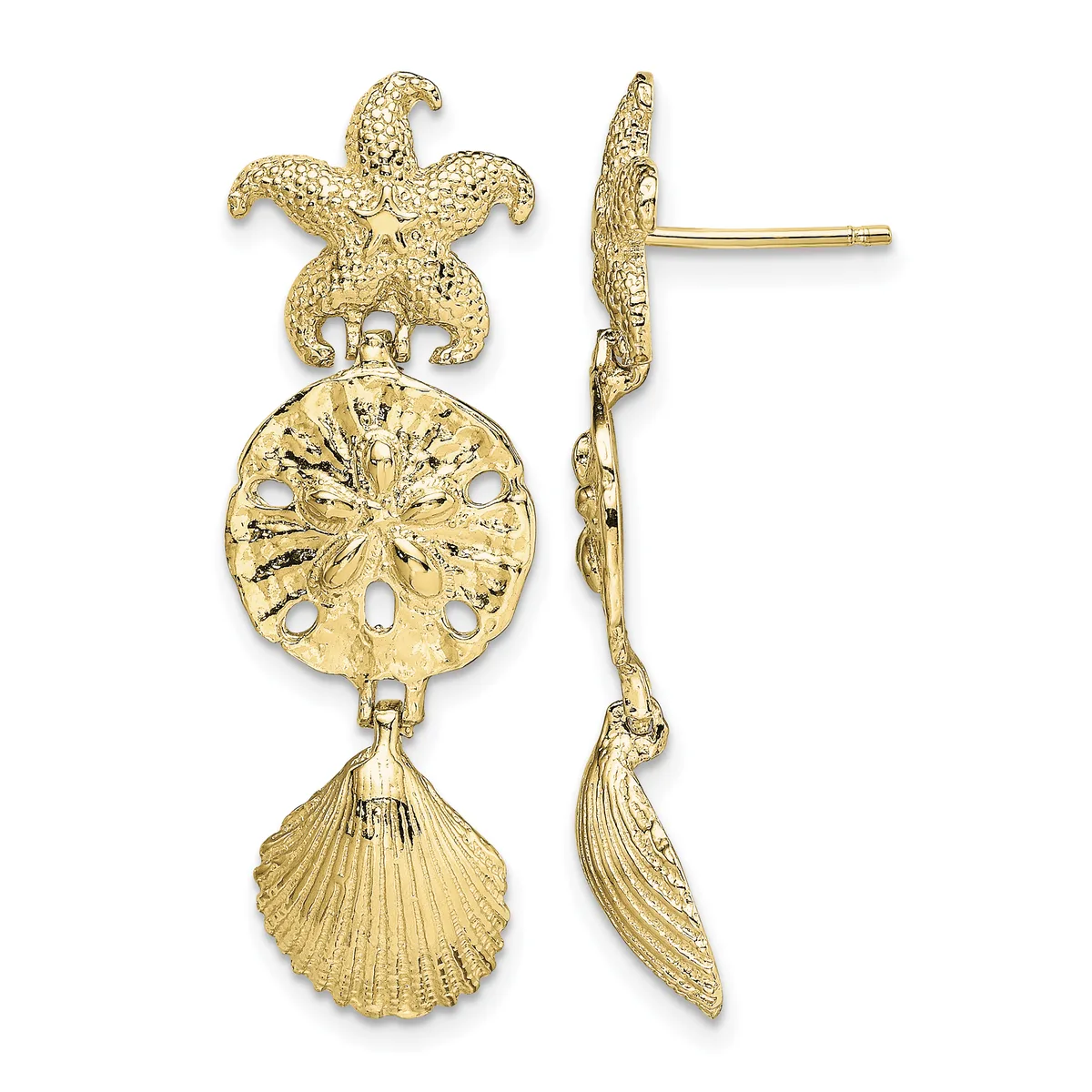 Pair of gold-colored dangle earrings featuring a starfish top, sand dollar middle section, and shell pendant, shown from front and side views.