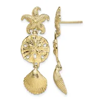 Pair of gold-colored dangle earrings featuring a starfish top, sand dollar middle section, and shell pendant, shown from front and side views.