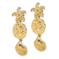 Pair of gold-toned drop earrings featuring textured starfish tops, sand dollar-shaped middle sections with cutout details, and shell-shaped pendants at the bottom.