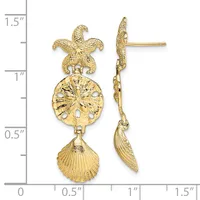 Gold-toned starfish, sand dollar, and shell dangle earrings displayed next to a measurement scale showing approximately 1.5 inches in length.
