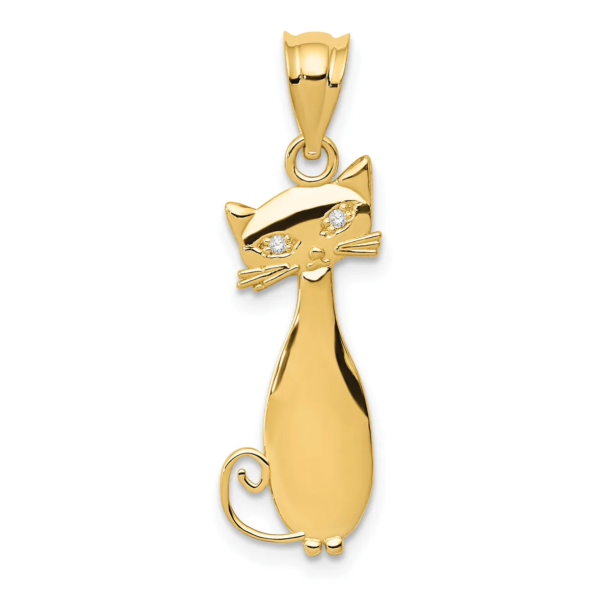 Gold cat pendant with diamond accents on the face and eyes, shown hanging from a bail against a white background.