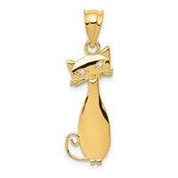 Gold cat pendant with diamond accents on the face and eyes, shown hanging from a bail against a white background.