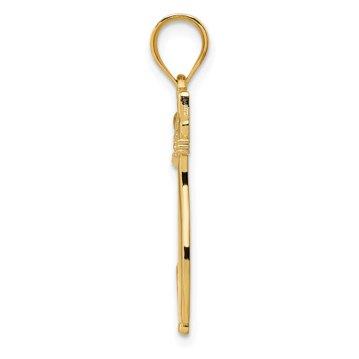 A long, slender gold pendant with a loop at the top and decorative banding near the bail, shown against a white background.