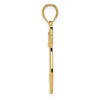 A long, slender gold pendant with a loop at the top and decorative banding near the bail, shown against a white background.