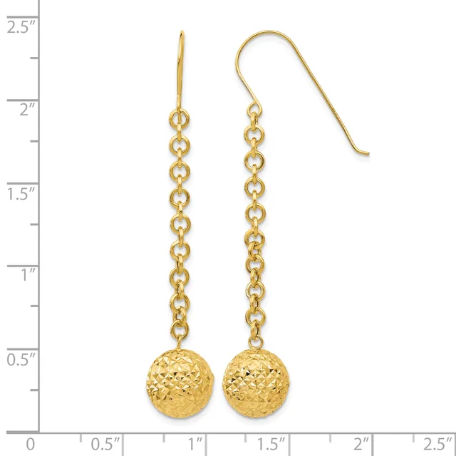 Gold-toned dangle earrings with textured spheres suspended from delicate chain links, shown next to a ruler measuring approximately 2.5 inches in length.