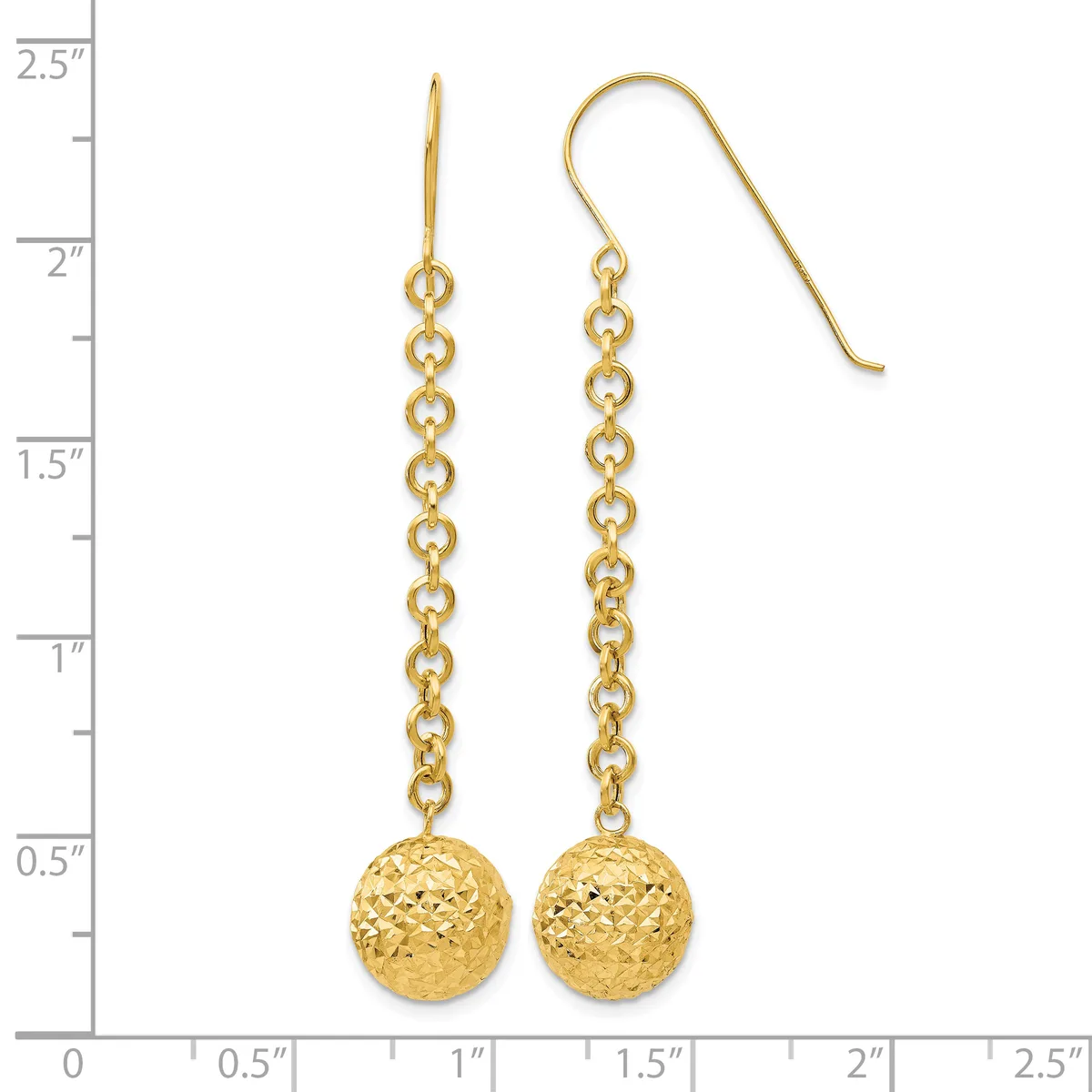 Gold-toned dangle earrings with textured spheres suspended from delicate chain links, shown next to a ruler measuring approximately 2.5 inches in length.