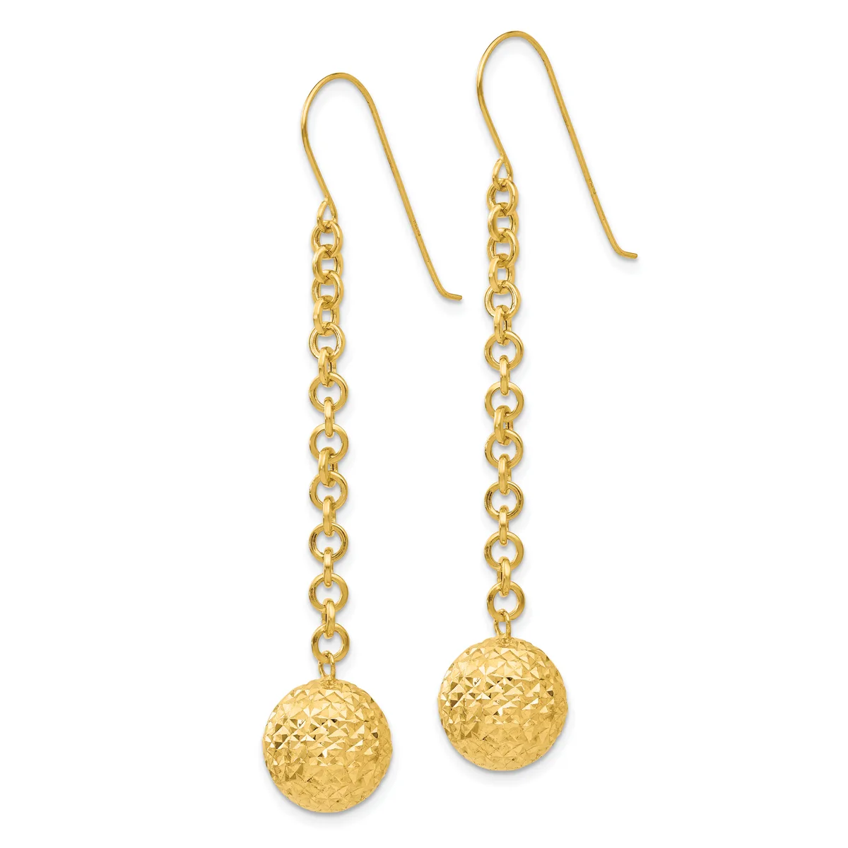 Pair of gold dangle earrings with textured spherical pendants suspended from delicate chain links on curved ear wires.