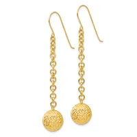 Pair of gold dangle earrings with textured spherical pendants suspended from delicate chain links on curved ear wires.