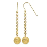 Pair of gold dangle earrings with chain links and textured spheres, shown against a white background.