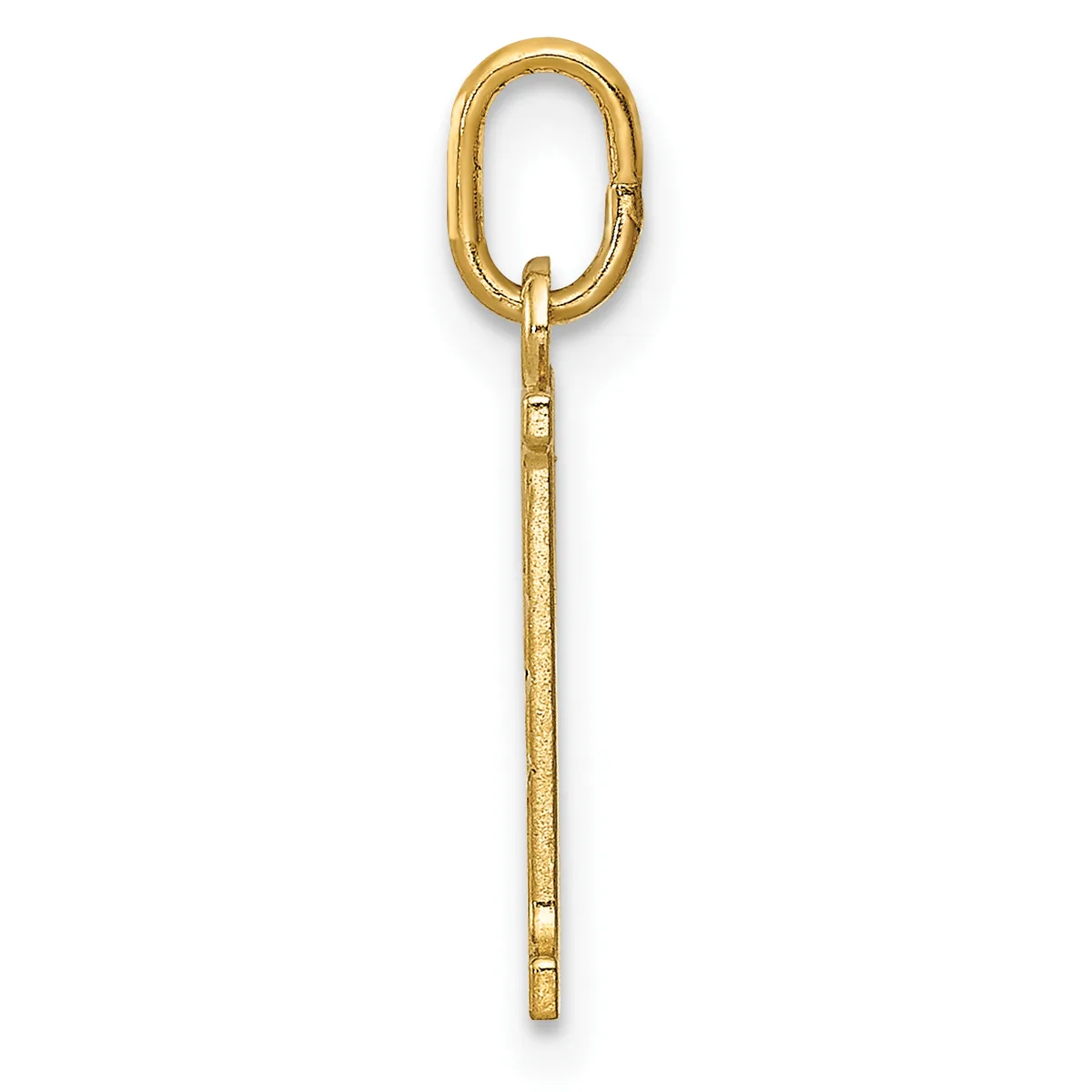 A gold-colored metal loop pendant with an elongated shaft, featuring a small hallmark stamp near the bottom, displayed vertically against a white background.
