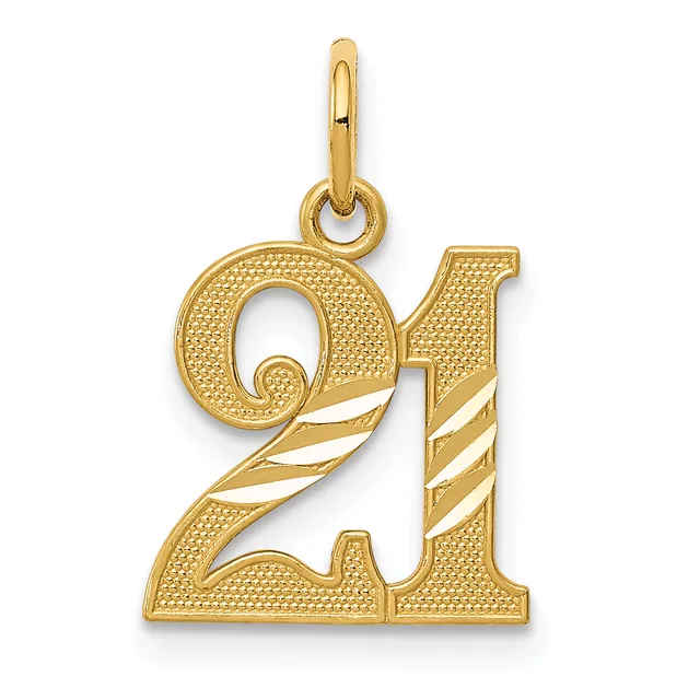 Gold pendant shaped like the number 21 with textured finish and diagonal stripe details, suspended from a bail loop.