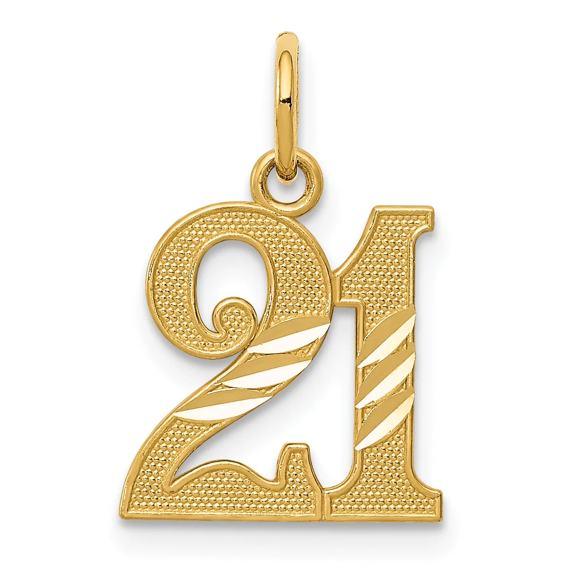 Gold pendant shaped like the number 21 with textured finish and diagonal stripe details, suspended from a bail loop.