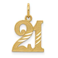 Gold pendant shaped like the number 21 with textured finish and diagonal stripe details, suspended from a bail loop.