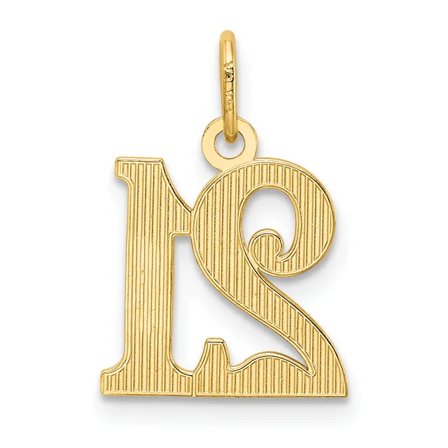 Gold pendant charm shaped like the number 19 with vertical line texturing throughout and a loop bail at the top.