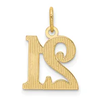 Gold pendant charm shaped like the number 19 with vertical line texturing throughout and a loop bail at the top.