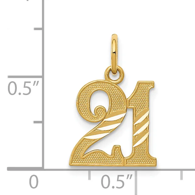 Gold number 21 pendant charm with textured and striped detailing, shown next to a ruler indicating approximately 0.5 inches in height and width.