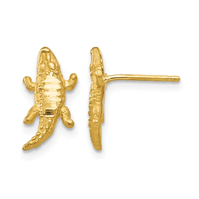 Gold crocodile stud earrings shown from front and side views, featuring textured details and straight posts with flat backs.