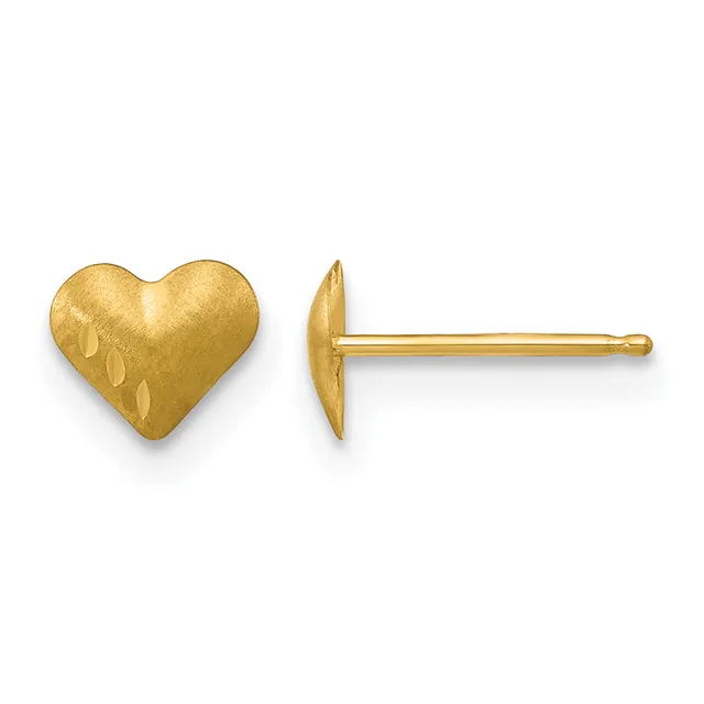 A pair of gold heart-shaped stud earrings shown from front and side views, featuring a textured finish and post-back closures.