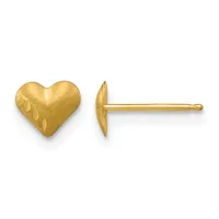 A pair of gold heart-shaped stud earrings shown from front and side views, featuring a textured finish and post-back closures.