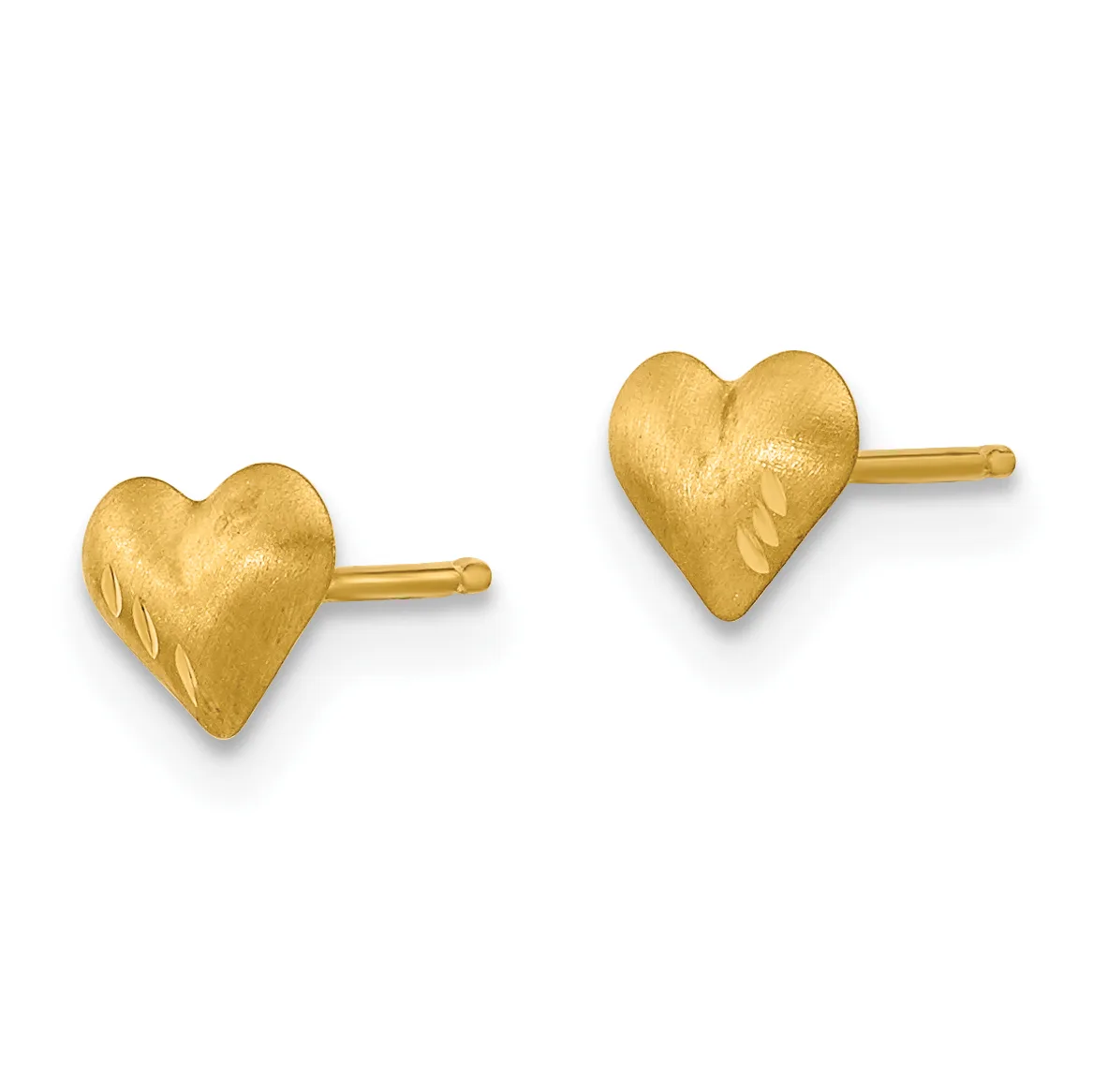 Two gold heart-shaped stud earrings with a brushed finish and small decorative leaf details, shown as a pair.