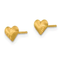 Two gold heart-shaped stud earrings with a brushed finish and small decorative leaf details, shown as a pair.