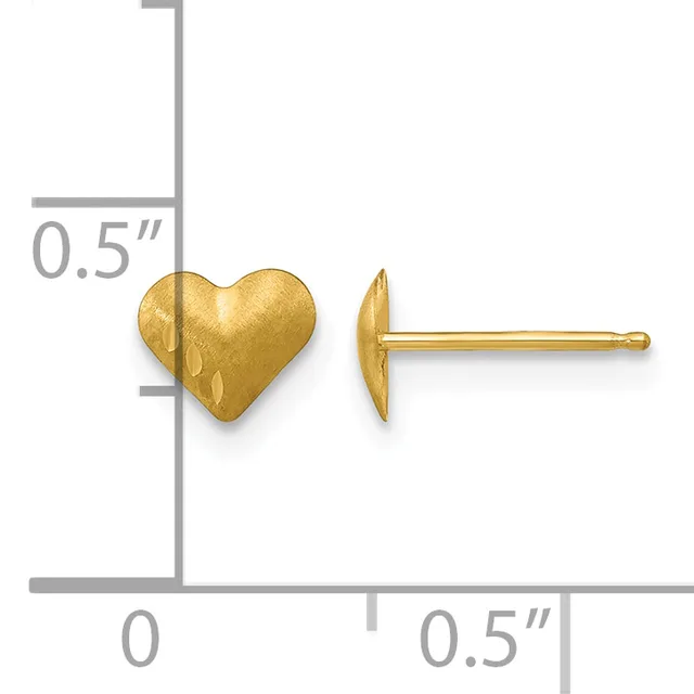 A pair of gold heart-shaped stud earrings shown at actual size against a measurement scale, displaying approximately 0.5 inches in height.