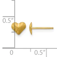 A pair of gold heart-shaped stud earrings shown at actual size against a measurement scale, displaying approximately 0.5 inches in height.