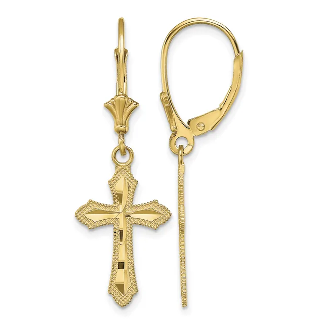 A pair of gold cross earrings with leverback closures, featuring ornately textured cross pendants hanging from decorative bail components.