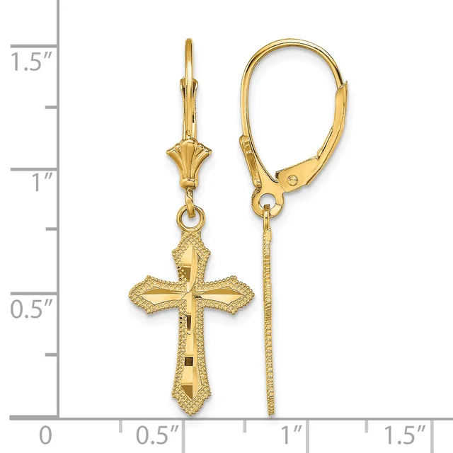 Gold-toned cross drop earrings with leverback closures displayed against a measurement scale showing approximately 1.5 inches in length.