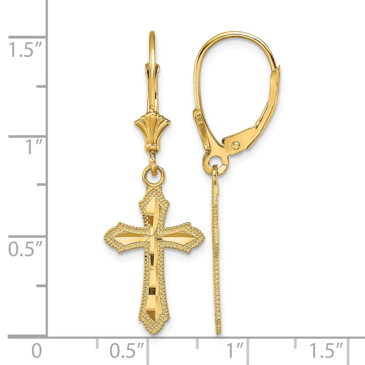 Gold-toned cross drop earrings with leverback closures displayed against a measurement scale showing approximately 1.5 inches in length.