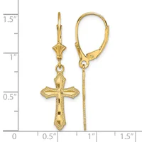 Gold-toned cross drop earrings with leverback closures displayed against a measurement scale showing approximately 1.5 inches in length.