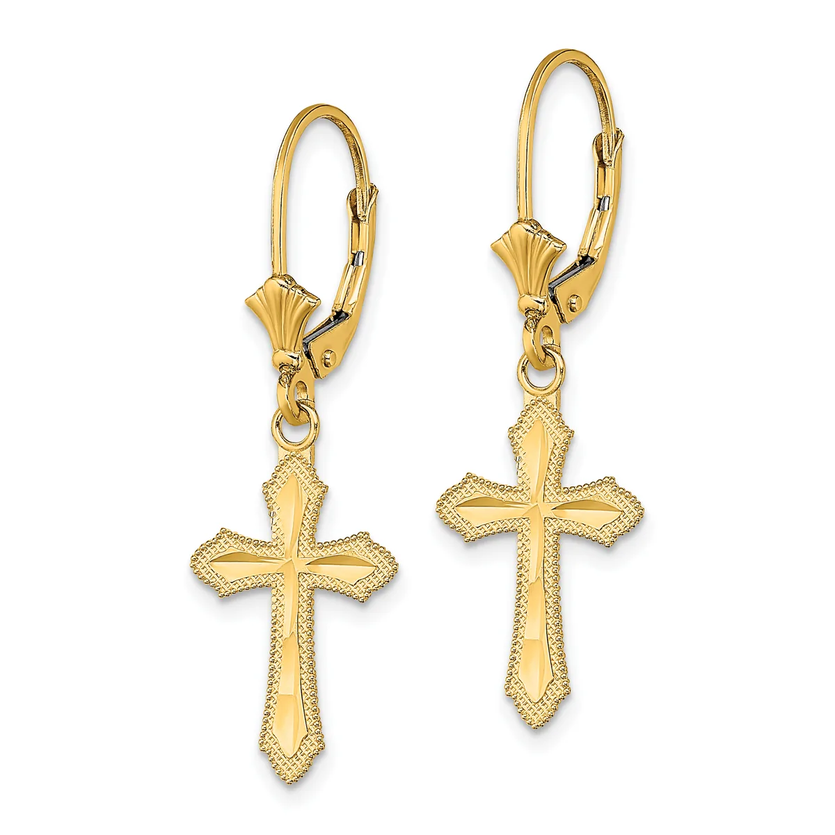 A pair of gold cross earrings with textured borders and decorative fan-shaped tops, suspended from lever-back ear wires.