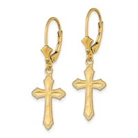 A pair of gold cross earrings with textured borders and decorative fan-shaped tops, suspended from lever-back ear wires.