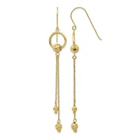 Pair of gold dangle earrings with circular tops, chain links, and small textured ball charms at the ends, displayed on a white background.