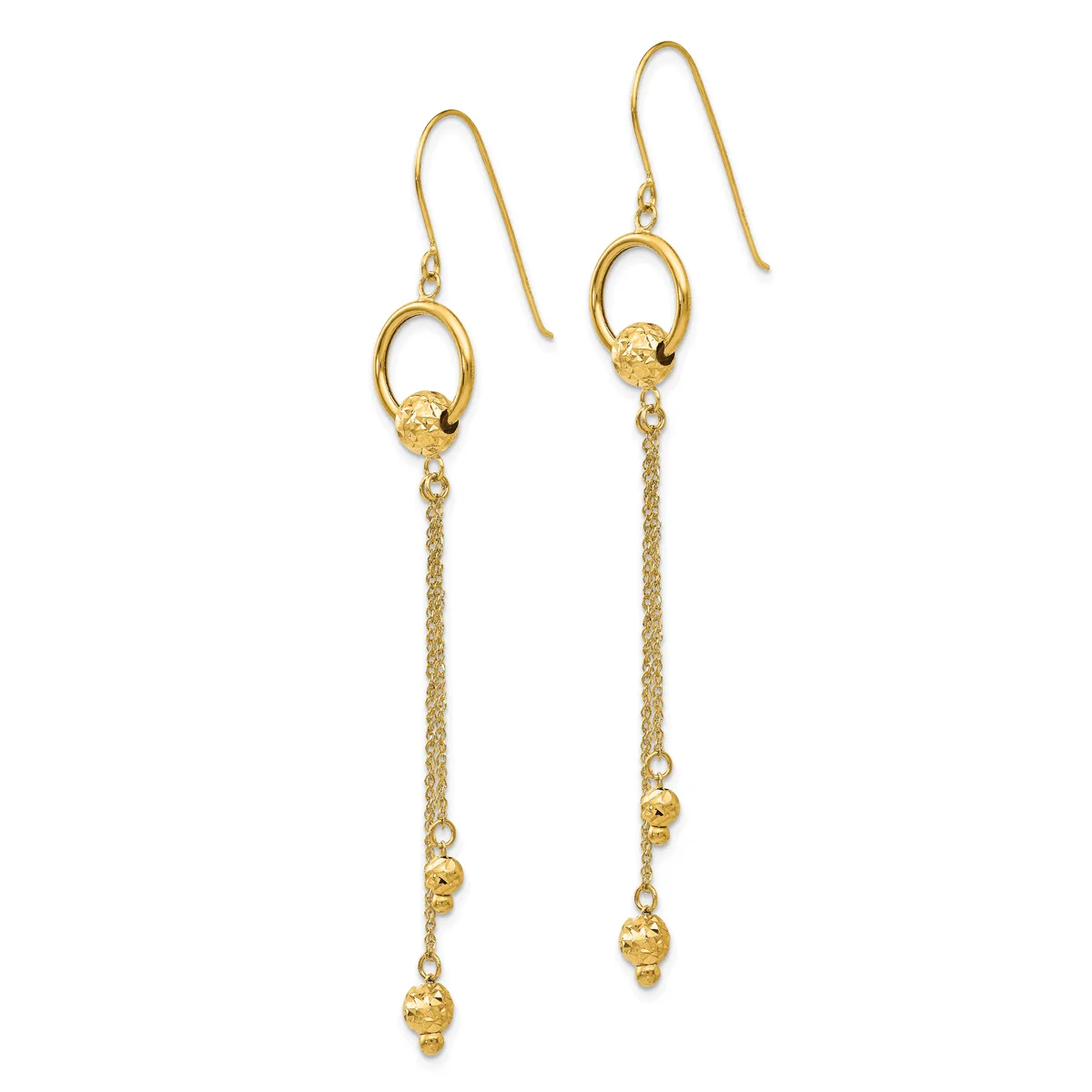 Pair of gold-tone dangle earrings with hook closures, featuring oval rings at the top and delicate chains with small textured beads hanging below.