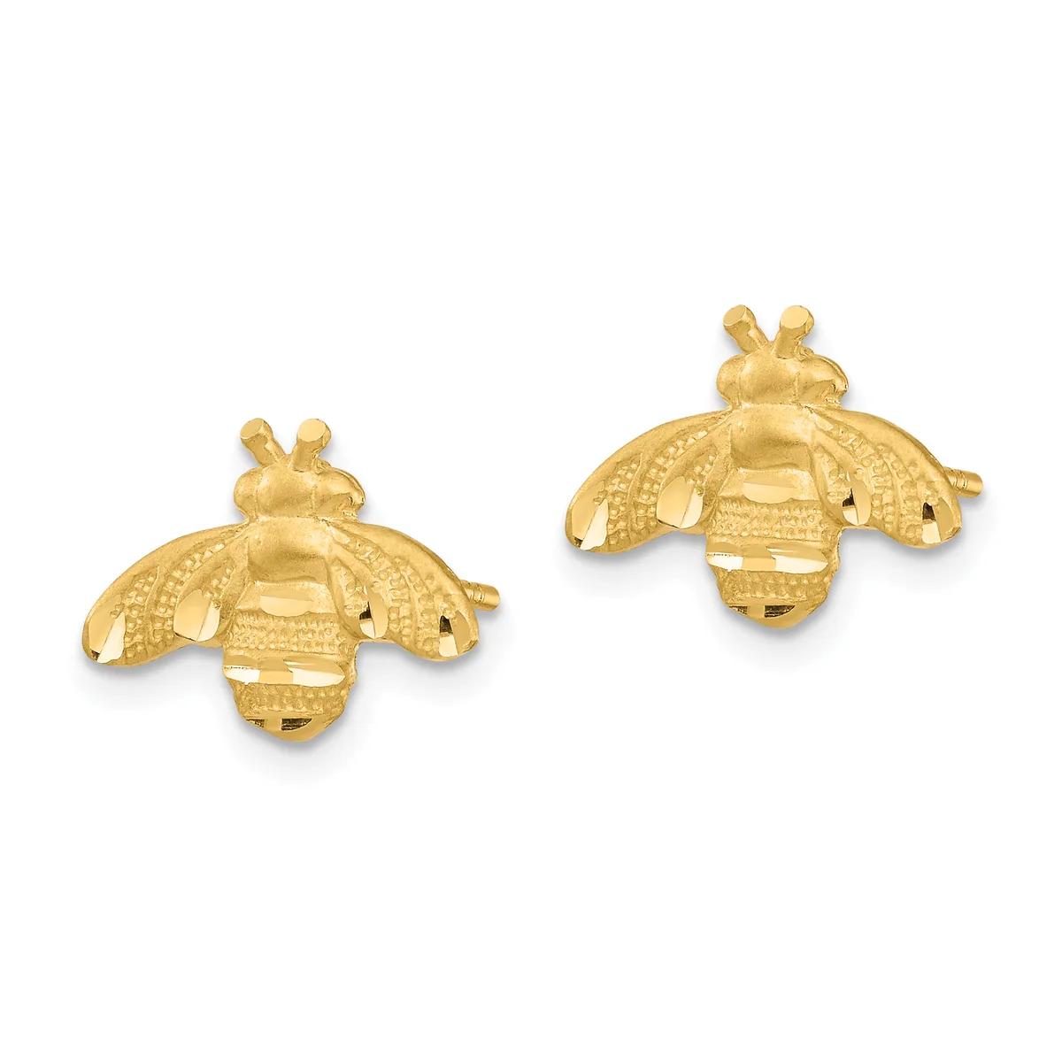 Two gold bee-shaped earrings with textured wings and bodies, shown from above against a white background.