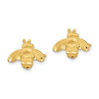 Two gold bee-shaped earrings with textured wings and bodies, shown from above against a white background.
