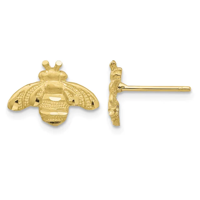 Pair of gold bee-shaped stud earrings shown from front and side views, featuring detailed wings and textured body with post and clutch backs.