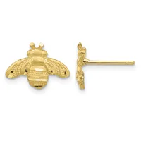 Pair of gold bee-shaped stud earrings shown from front and side views, featuring detailed wings and textured body with post and clutch backs.