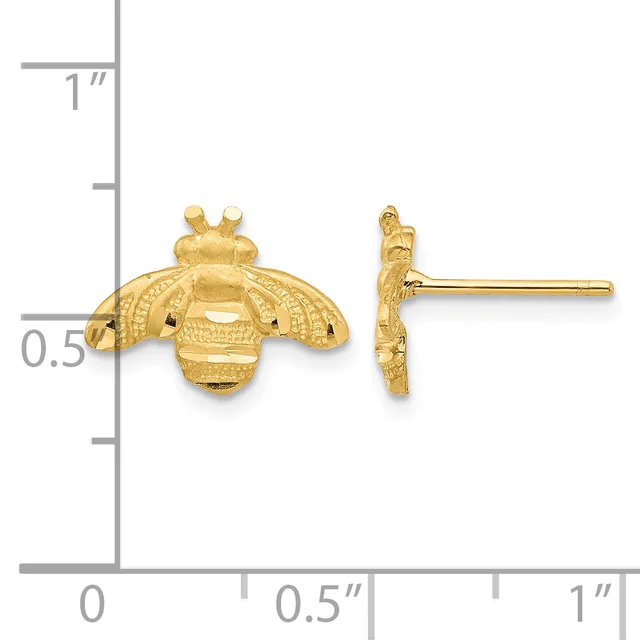 Gold bee-shaped stud earrings with detailed wings and crown, shown from front and side views with a measurement scale indicating approximately half-inch width.