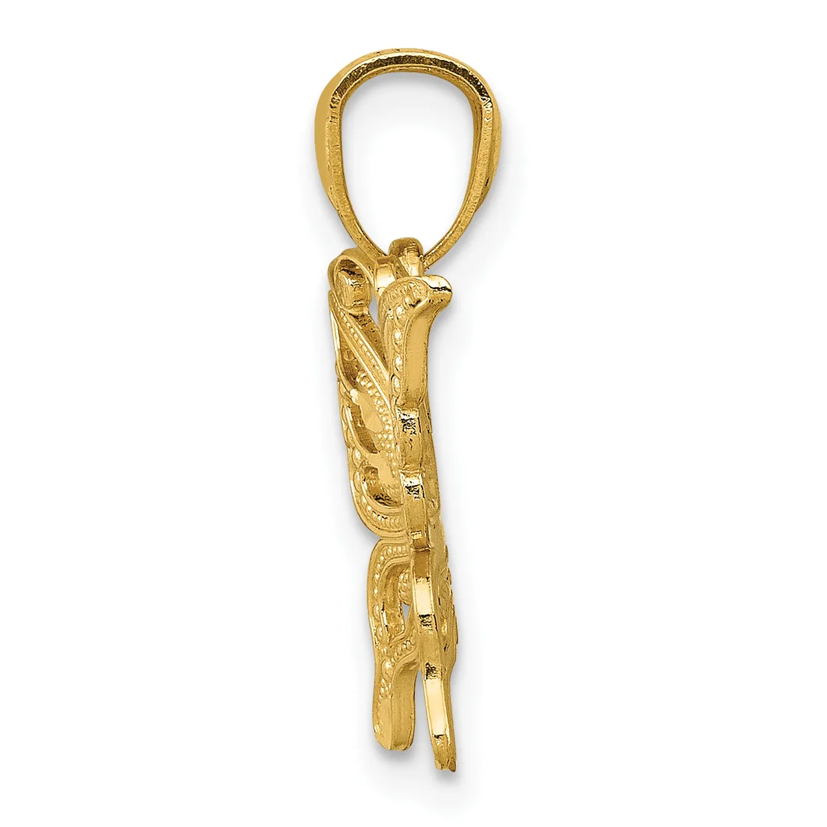A gold pendant featuring an ornately carved animal figure, likely a horse or llama, suspended from a loop bail against a white background.