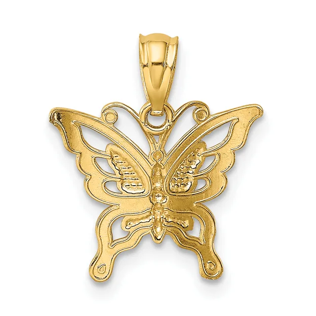 A gold butterfly pendant with detailed wing patterns and a decorative bail loop at the top, shown against a white background.