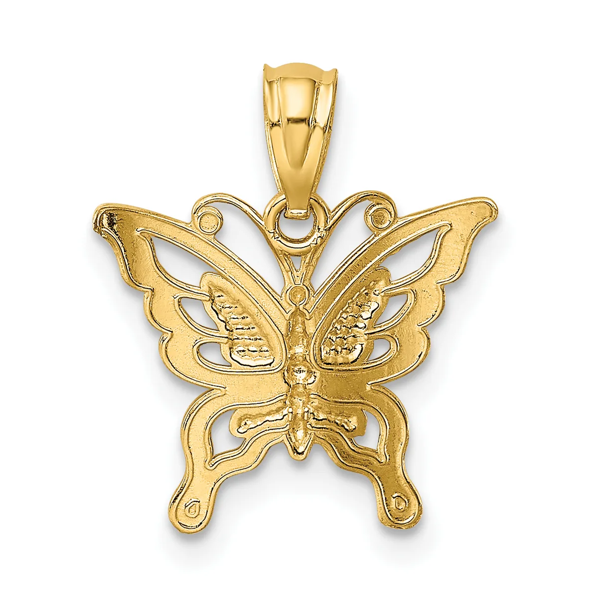 A gold butterfly pendant with detailed wing patterns and a decorative bail loop at the top, shown against a white background.