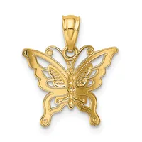 A gold butterfly pendant with detailed wing patterns and a decorative bail loop at the top, shown against a white background.