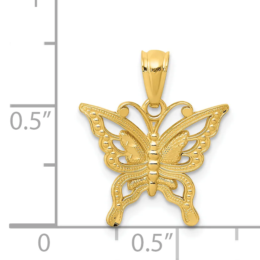 Gold butterfly pendant with detailed wing patterns and filigree work, shown against a measurement scale indicating approximately half an inch in width.